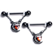 14G 9/16 Red Gem Black Scroll Moon Chain Dangle Nipple Ring Set