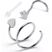 20G Spiral Heart Crown Acrylic Nose Ring Set of 3