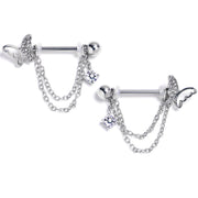 14G 9/16 Clear Gem Butterfly White Chain Dangle Nipple Ring Set