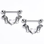 14G 9/16 Clear CZ Gem Serpentine Hearts Dangle Nipple Ring Set