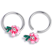14G 9/16 Clear Gem Faerie Flower Pink BCR Captive Ring Set