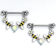 14G 9/16 Aurora Gem Heart Bees Flowers Dangle Nipple Ring Set