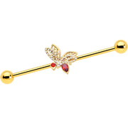 14G Red CZ Gem Gold Tone Drama Butterfly Industrial Barbell 38mm