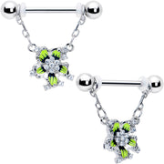 14G 9/16 Clear CZ Gem Go Green Flower Chain Dangle Nipple Ring Set