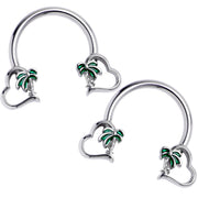 14G 9/16 Palm Tree Love Horseshoe Nipple Ring Set