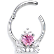 16G 3/8 Pink Clear CZ Gem Crown Heart Hinged Segment Ring