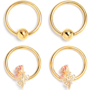 16G 3/8 Gold Tone Regal Rose BCR Captive Ring Set of 4