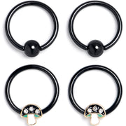 16G 3/8 Clear Gem Black Mushroom BCR Captive Ring Set of 4