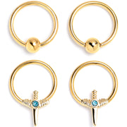 16G 3/8 Blue Gem Gold Tone Style Knife BCR Captive Ring Set of 4