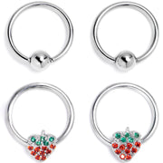16G 3/8 Red Green Gem Strawberry BCR Captive Ring Set of 4