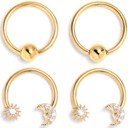 16G 3/8 Clear Gem Gold Tone Moon Sun BCR Captive Horseshoe Set of 4