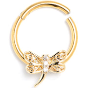 16G 3/8 Clear Gem Gold Tone Dragonfly Deluxe Hinged Segment Ring