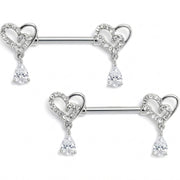 14G 9/16 Clear CZ Gem Asymmetrical Heart Dangle Nipple Ring Set