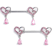 14G 9/16 Pink CZ Gem Asymmetrical Heart Dangle Nipple Ring Set