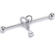14G Clear CZ Gem Asymmetrical Heart Dangle Industrial Barbell 38mm