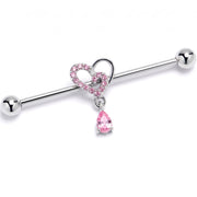 14G Pink CZ Gem Asymmetrical Heart Dangle Industrial Barbell 38mm