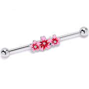 14G Clear Gem Perfect Pink Flower Trio Industrial Barbell 38mm