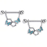 14G 9/16 Blue Gem Hexagon Butterfly Dangle Nipple Ring Set