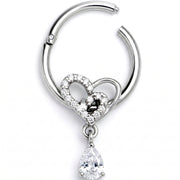 16G 3/8 Clear CZ Gem Asymmetrical Heart Dangle Hinged Segment Ring