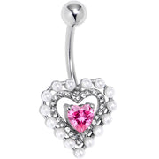 Pink CZ Gem Pearly Heart Pair Belly Ring