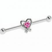 14G Pink CZ Gem Wrapped in Heart Industrial Barbell 38mm