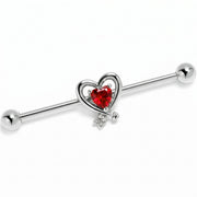 14G Red CZ Gem Wrapped in Heart Industrial Barbell 38mm