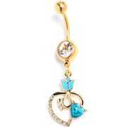 Clear Blue Gem Gold Tone Tulip Heart Flower Dangle Belly Ring