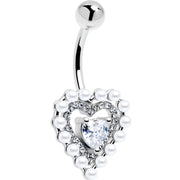 Clear CZ Gem Pearl Heart Belly Ring