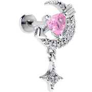 16G Pink CZ Gem Moon Lover Internally Threaded Labret Monroe Tragus