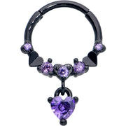 16G 3/8 Purple CZ Gem Black Love Heart Dangle Hinged Segment Ring