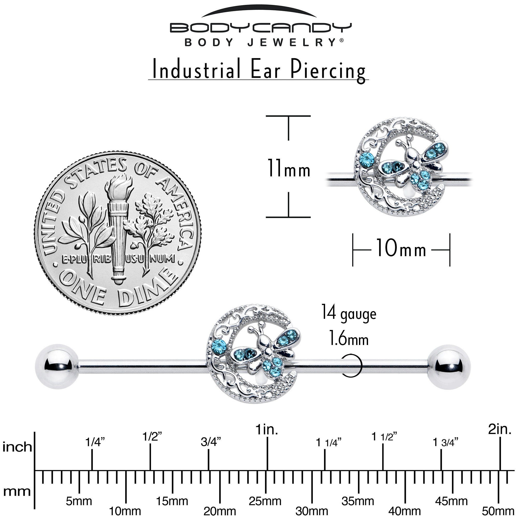 14G Blue Gem Lunar Dragonfly Industrial Barbell 38mm