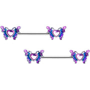 14G 9/16 Pink Gem Heart Butterfly Purple Barbell Nipple Ring Set