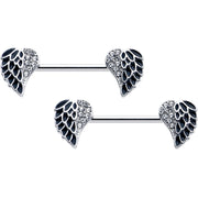 14G 9/16 Clear Gem Heavenly Heart Angel Wing Black Nipple Ring Set
