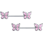 14G 9/16 Pink Gem Baroque Beauty Butterfly Barbell Nipple Ring Set