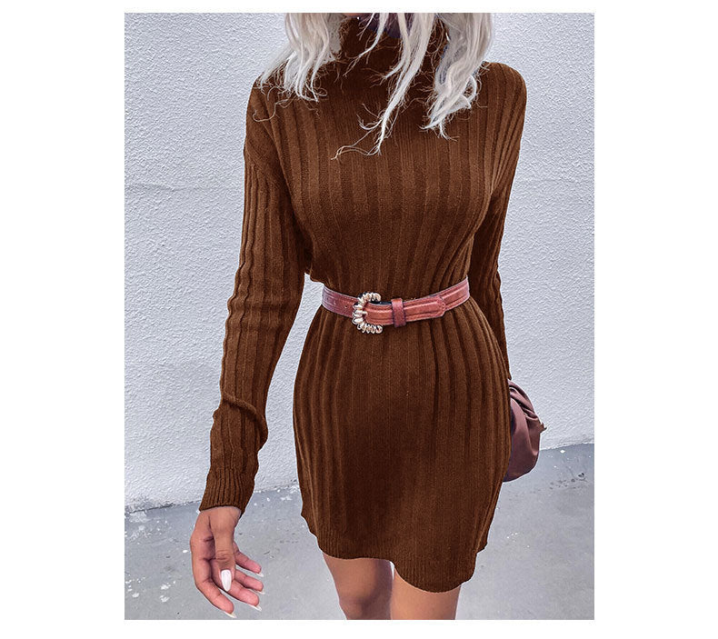 Women's Pit Strip Turtleneck Long Sleeve Loose Sweater Dress - Closther