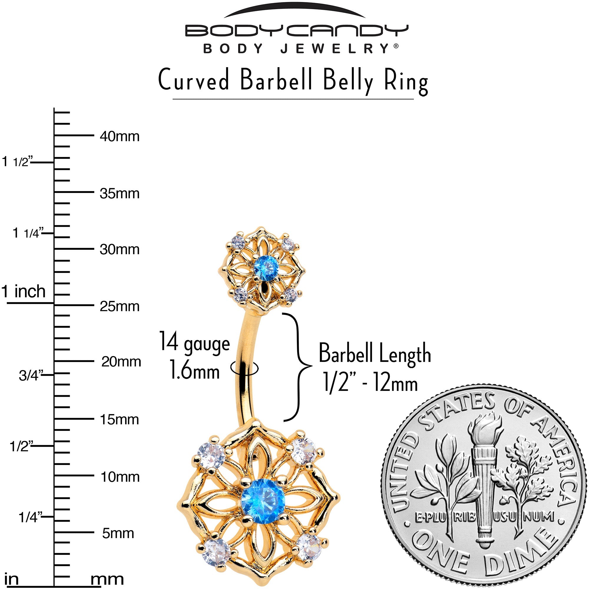 Blue CZ Gem Gold Tone Flower Ring Double Mount Belly Ring