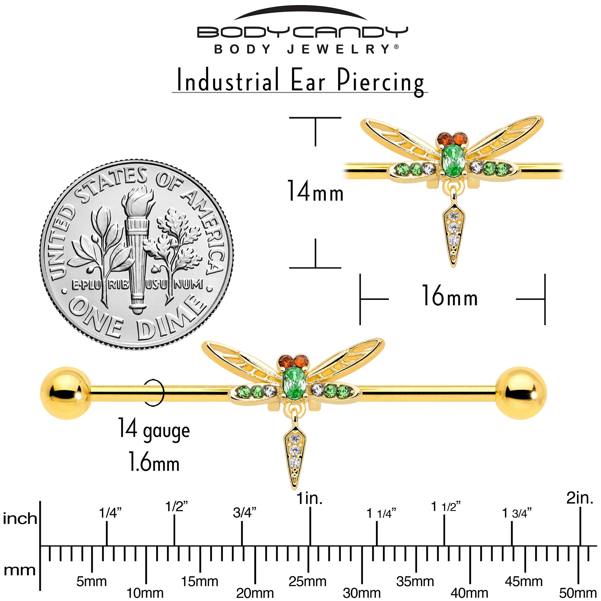 14G Green Gem Gold Tone Swank Dragonfly Dangle Industrial Barbell 38mm