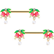 14G 9/16 Clear CZ Gem Gold Hue Bell Flower Barbell Nipple Ring Set