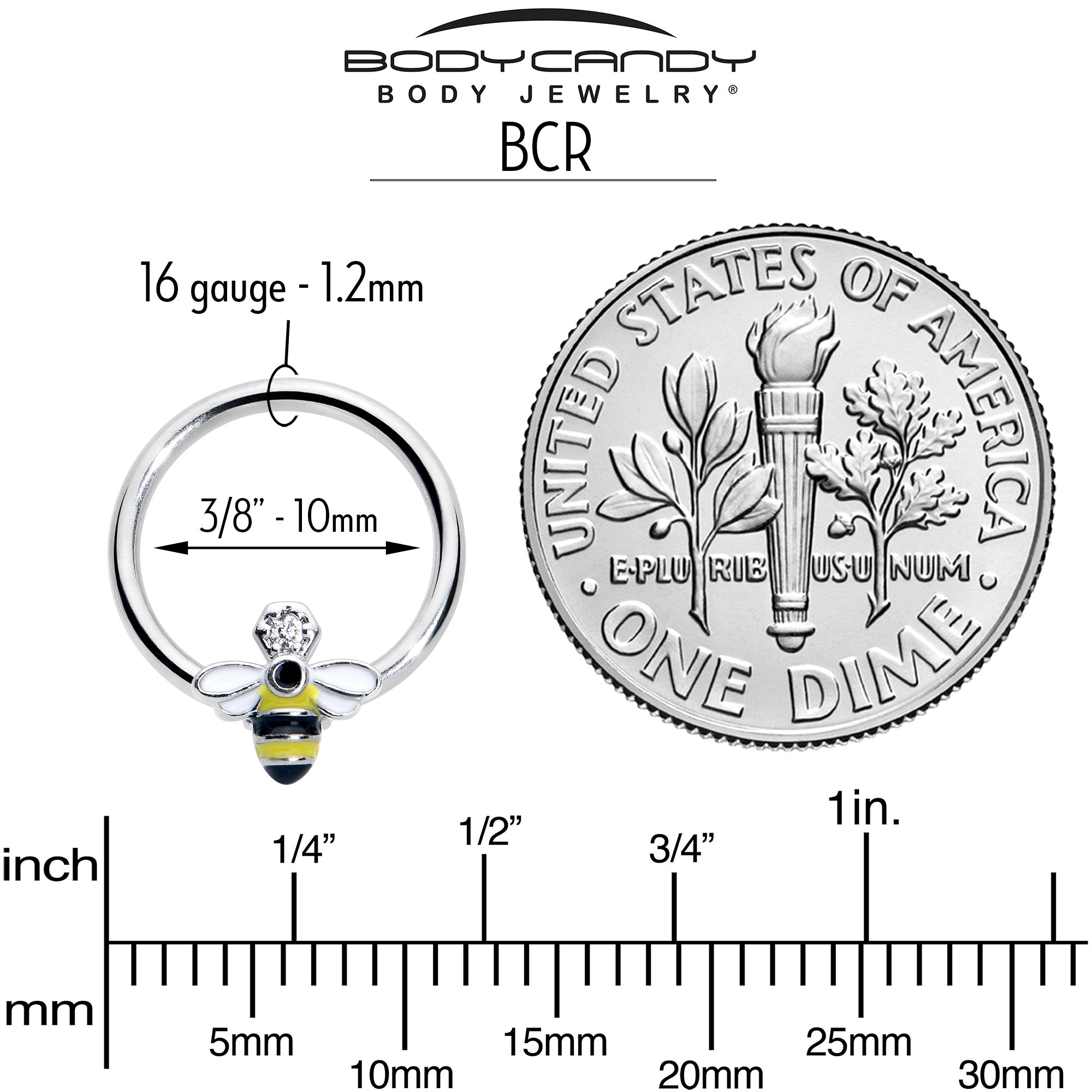 16G 3/8 Clear CZ Gem Bee Sweet BCR Captive Ring