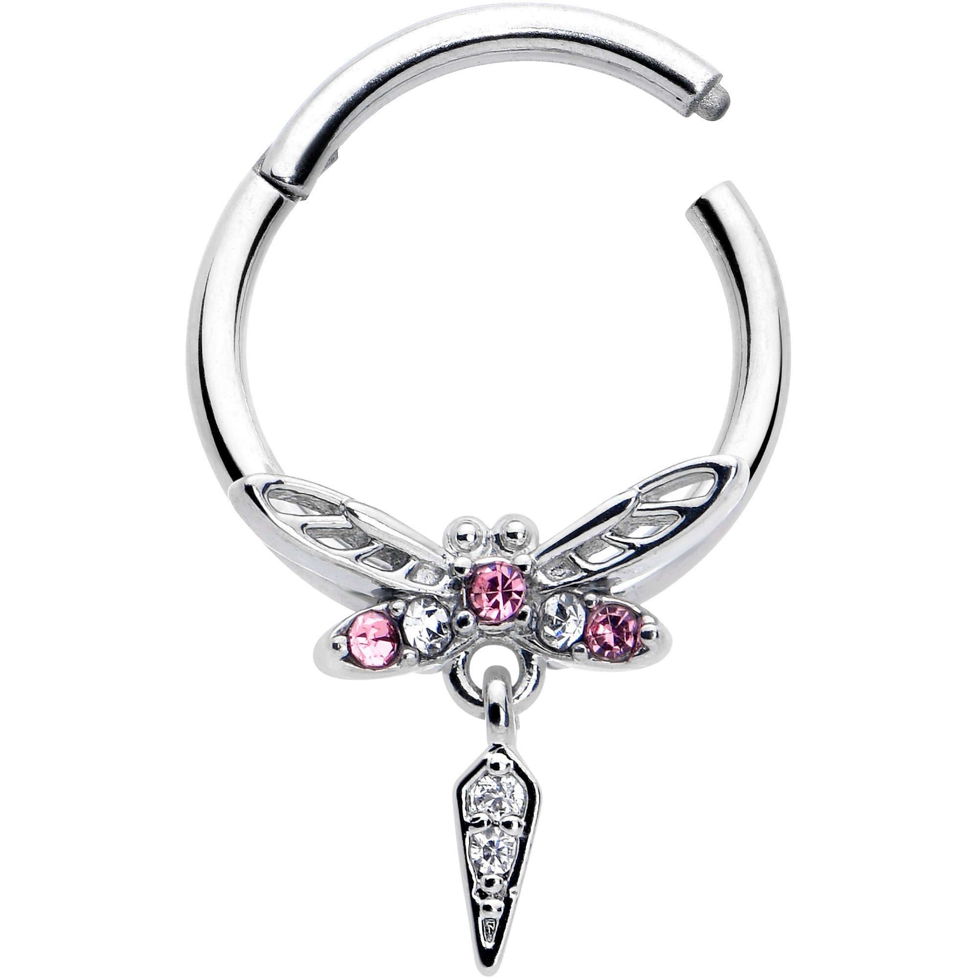 16G 3/8 Pink Gem Swank Dragonfly Dangle Hinged Segment Ring