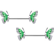 14G 9/16 Clear CZ Gem Butterfly Green Barbell Nipple Ring Set