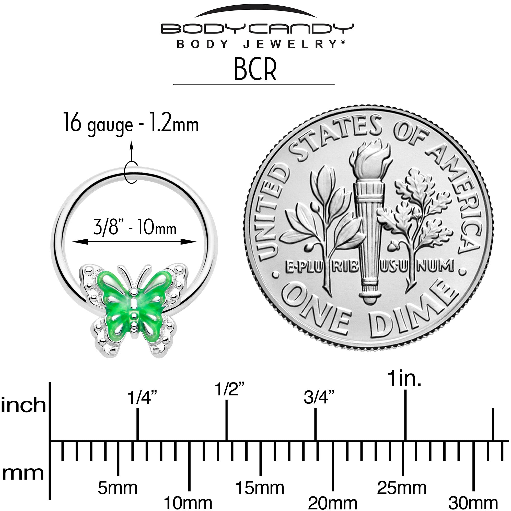 16G 3/8 Butterfly Green Splash BCR Captive Charm Ring