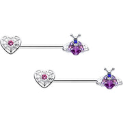 14G 9/16 Pink Blue Gem Spiderweb Heart Insect Barbell Nipple Ring Set
