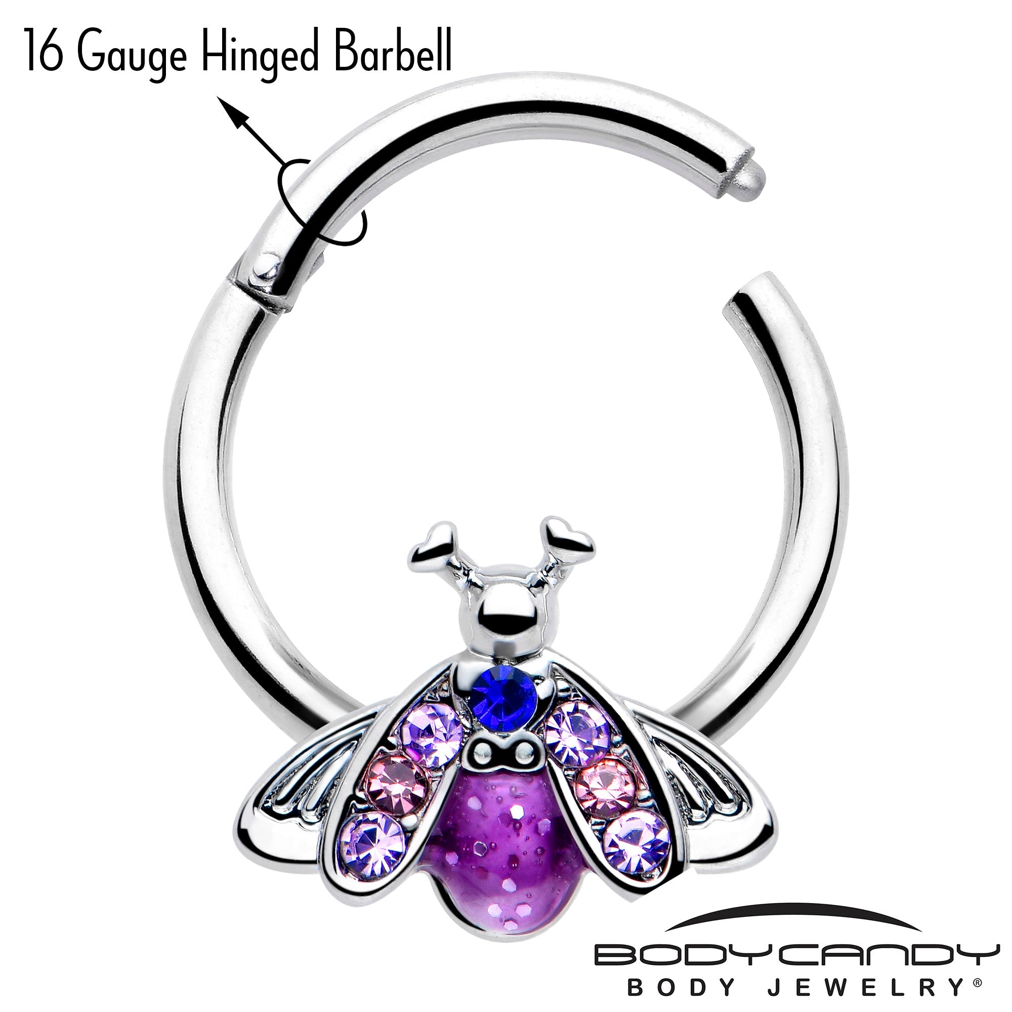 16G 3/8 Pink Blue Gem Beautiful Insect Hinged Segment Ring