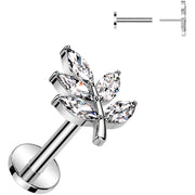 Surgical Steel Flat Back Earring - 16G With Cubic Zirconia Leaves