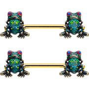 14G 5/8 Gold Tone Anodized Colorful Tree Frog Nipple Ring Set