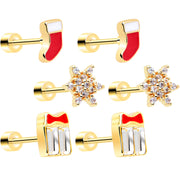 Clear Gem Gold Tone Stocking Christmas Gift Flat Back Earring Set of 6