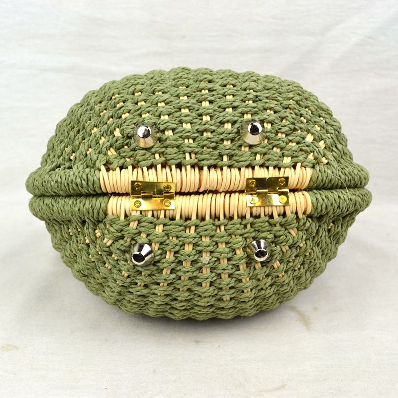 Boho Round Woven Straw Satchel – Convertible Circle Basket Bag with Chain Strap
