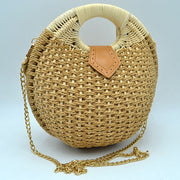 Boho Round Woven Straw Satchel – Convertible Circle Basket Bag with Chain Strap