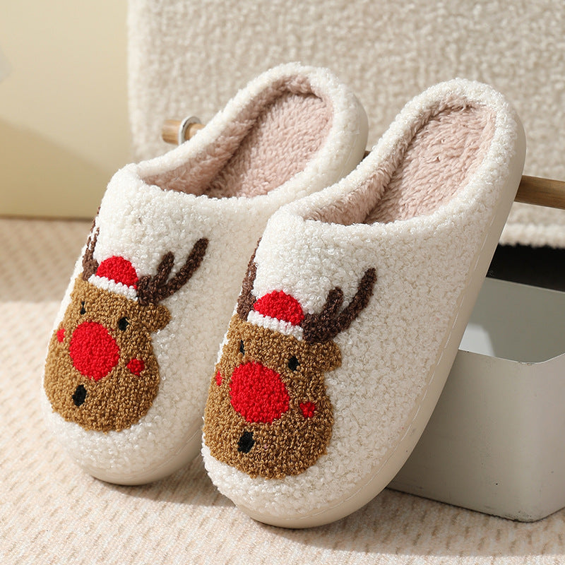 Pantoufles d'intérieur chaudes et moelleuses à motif de Noël avec de jolis élans en coton. 